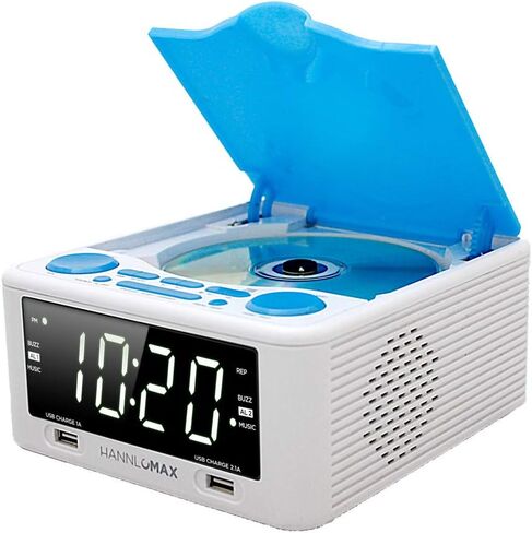HANNLOMAX HX-300CD Top Loading CD Player, PLL FM Radio, Digital Clock, 1.2" White LED Display, Dual Alarms, Dual USB Ports for 2.1A and 1A Charging, AC/DC Adaptor Included (White_Blue) in Saudi Arabia