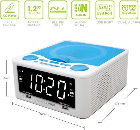 HANNLOMAX HX-300CD Top Loading CD Player, PLL FM Radio, Digital Clock, 1.2" White LED Display, Dual Alarms, Dual USB Ports for 2.1A and 1A Charging, AC/DC Adaptor Included (White_Blue) in Saudi Arabia