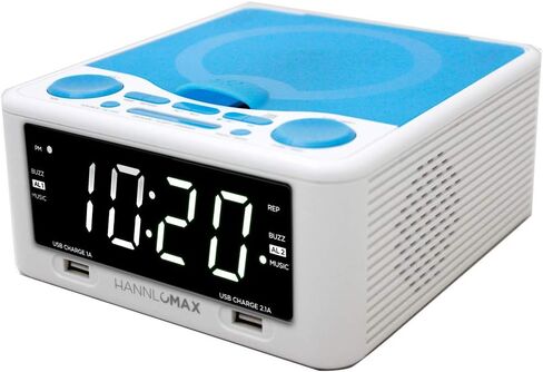 HANNLOMAX HX-300CD Top Loading CD Player, PLL FM Radio, Digital Clock, 1.2" White LED Display, Dual Alarms, Dual USB Ports for 2.1A and 1A Charging, AC/DC Adaptor Included (White_Blue) in Saudi Arabia