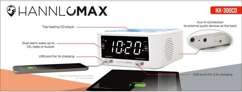 HANNLOMAX HX-300CD Top Loading CD Player, PLL FM Radio, Digital Clock, 1.2" White LED Display, Dual Alarms, Dual USB Ports for 2.1A and 1A Charging, AC/DC Adaptor Included (White_Blue) in Saudi Arabia