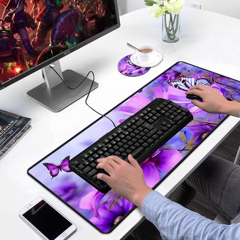وسادة مكتب بساط ماوس للألعاب مع قواعد، حواف مخيطة بتصميم لوحة ماوس XXL كبيرة لأجهزة الكمبيوتر المحمول وزهور أرجوانية وفراشات بساط كتابة مكتبي للمكتب والمنزل in Kuwait