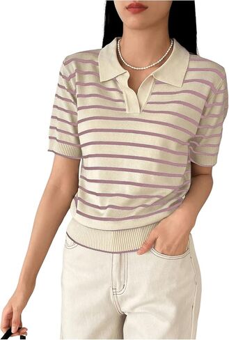 MakeMeChic Women's Striped Shirts Short Sleeve Collared Stripe Knit Tops Sweater in Saudi Arabia