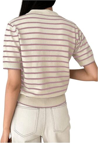 MakeMeChic Women's Striped Shirts Short Sleeve Collared Stripe Knit Tops Sweater in Saudi Arabia