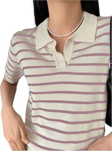 MakeMeChic Women's Striped Shirts Short Sleeve Collared Stripe Knit Tops Sweater in Saudi Arabia