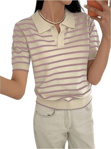 MakeMeChic Women's Striped Shirts Short Sleeve Collared Stripe Knit Tops Sweater in Saudi Arabia