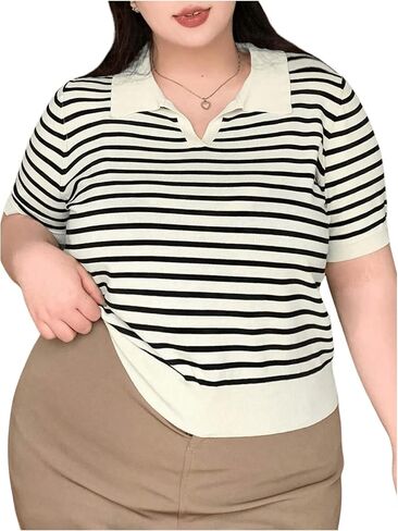 MakeMeChic Women's Striped Shirts Short Sleeve Collared Stripe Knit Tops Sweater in Saudi Arabia