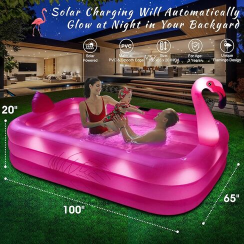 Inflatable Pool with Lights, 2024 Solar Flamingo Swimming Pool for Kids,Adults Inflatable Blow up Pool, Large Kiddie Pool, Durable Thickened 100"x65"x20" Inflatable Family Pool for Backyard,Outdoor in Kuwait
