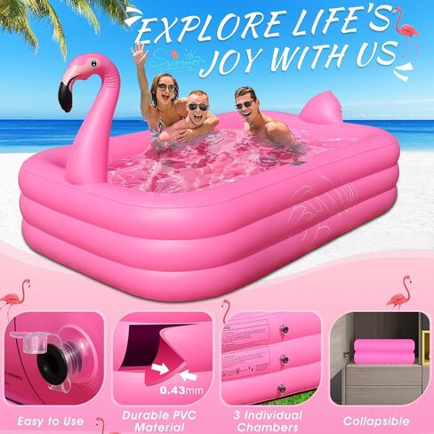 Inflatable Pool with Lights, 2024 Solar Flamingo Swimming Pool for Kids,Adults Inflatable Blow up Pool, Large Kiddie Pool, Durable Thickened 100"x65"x20" Inflatable Family Pool for Backyard,Outdoor in Kuwait