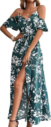 MakeMeChic Women's Floral Summer Dress Cold Shoulder Split Thigh Belted A Line Flowy Maxi Long Dress in Saudi Arabia