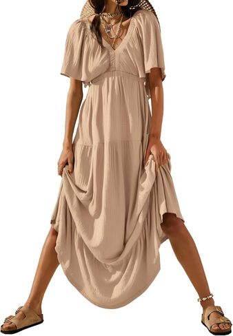 Acelitt Women Casual V Neck Short Sleeve Tiered Long Maxi Dress,S-XXL in Saudi Arabia