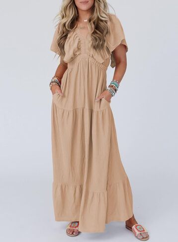 Acelitt Women Casual V Neck Short Sleeve Tiered Long Maxi Dress,S-XXL in Saudi Arabia