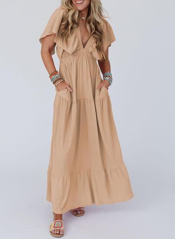 Acelitt Women Casual V Neck Short Sleeve Tiered Long Maxi Dress,S-XXL in Saudi Arabia