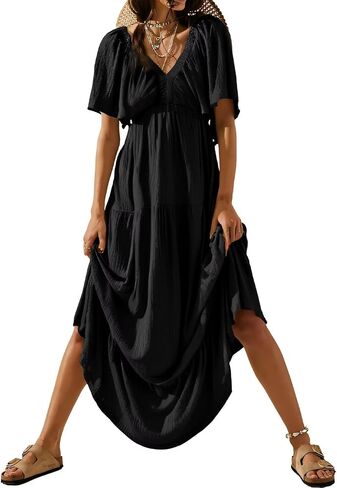 Acelitt Women Casual V Neck Short Sleeve Tiered Long Maxi Dress,S-XXL in Saudi Arabia