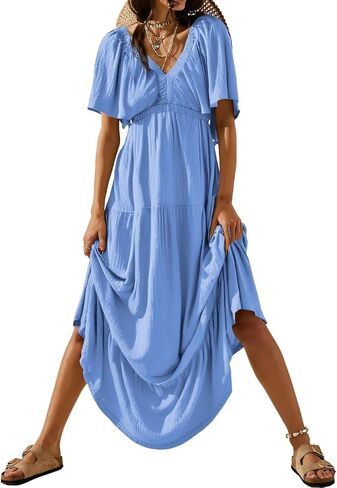 Acelitt Women Casual V Neck Short Sleeve Tiered Long Maxi Dress,S-XXL in Saudi Arabia
