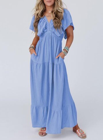 Acelitt Women Casual V Neck Short Sleeve Tiered Long Maxi Dress,S-XXL in Saudi Arabia
