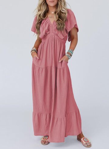 Acelitt Women Casual V Neck Short Sleeve Tiered Long Maxi Dress,S-XXL in Saudi Arabia