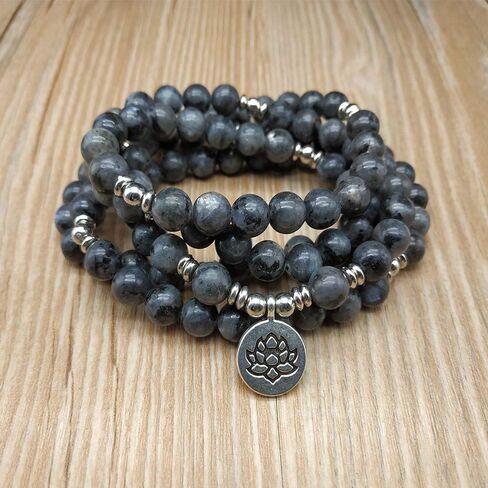 سوار اليوغا مالا 108 خرز طبيعي مع حلية اللوتس (لابرودرايت) in Kuwait