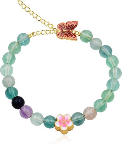 Colorful Fluorite Bead Adjustable Bracelet with Red Butterfly and Pink Cherry Blossom Charms Elegant Jewelry for Women and Girls Birthday Valentine's Day Gift in Saudi Arabia