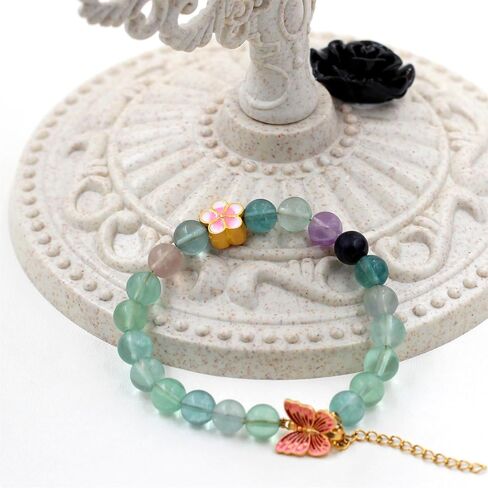 Colorful Fluorite Bead Adjustable Bracelet with Red Butterfly and Pink Cherry Blossom Charms Elegant Jewelry for Women and Girls Birthday Valentine's Day Gift in Saudi Arabia