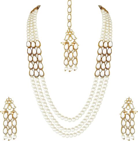 Aheli Faux Kundan Pearl Long Necklace with Earring Maang Tikka Indian Traditional Bollywood Jewelry Set for Women Girls in Saudi Arabia