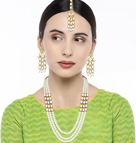 Aheli Faux Kundan Pearl Long Necklace with Earring Maang Tikka Indian Traditional Bollywood Jewelry Set for Women Girls in Saudi Arabia