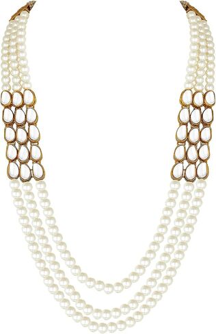Aheli Faux Kundan Pearl Long Necklace with Earring Maang Tikka Indian Traditional Bollywood Jewelry Set for Women Girls in Saudi Arabia