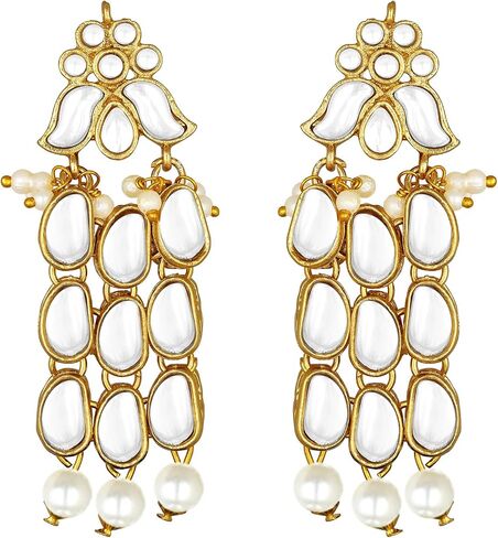 Aheli Faux Kundan Pearl Long Necklace with Earring Maang Tikka Indian Traditional Bollywood Jewelry Set for Women Girls in Saudi Arabia
