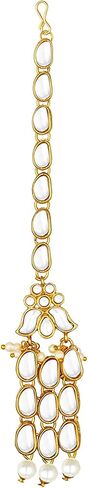 Aheli Faux Kundan Pearl Long Necklace with Earring Maang Tikka Indian Traditional Bollywood Jewelry Set for Women Girls in Saudi Arabia