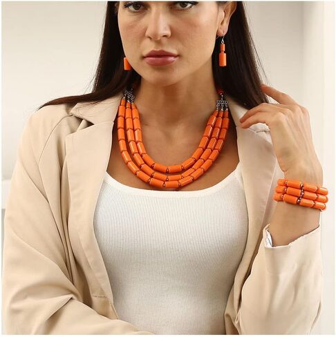 Handmade Multi-Layer Acrylic Bead Strand Bib Choker Cluster with Necklace Bracelet and Earrings Set for Women Lady Necklace Bracelet Earrings Women Jewelry Set in Saudi Arabia
