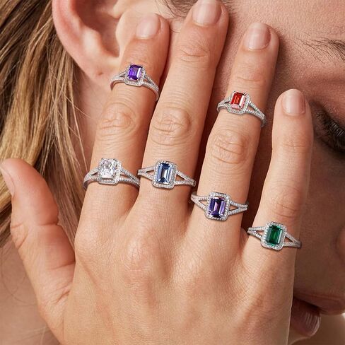 925 Sterling Silver Emerald Cut Engagement Ring Created Gemstome Cubic Zirconia Wedding Promise Ring Split Shank Halo Birthstone Rings for Women Size 6-10 in Kuwait