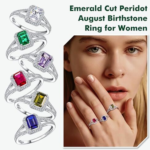 925 Sterling Silver Emerald Cut Engagement Ring Created Gemstome Cubic Zirconia Wedding Promise Ring Split Shank Halo Birthstone Rings for Women Size 6-10 in Kuwait