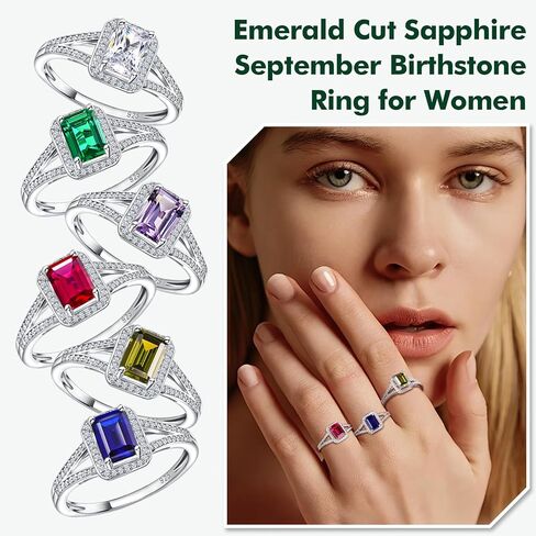 925 Sterling Silver Emerald Cut Engagement Ring Created Gemstome Cubic Zirconia Wedding Promise Ring Split Shank Halo Birthstone Rings for Women Size 6-10 in Kuwait