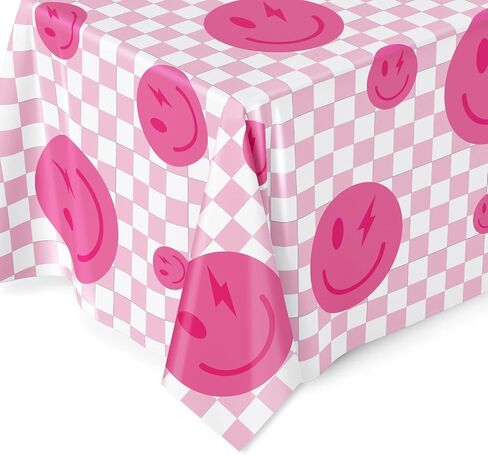 Whaline Preppy Party Tablecloth 104 x 60 Inch Smile Faces Plaids Tablecloth Waterproof Pink White Checked Y2k Rectangle Table Cover for Bachelorette Birthday Preppy Party Favor Picnic Supplies in Saudi Arabia