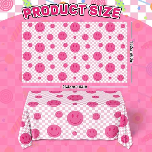 Whaline Preppy Party Tablecloth 104 x 60 Inch Smile Faces Plaids Tablecloth Waterproof Pink White Checked Y2k Rectangle Table Cover for Bachelorette Birthday Preppy Party Favor Picnic Supplies in Saudi Arabia