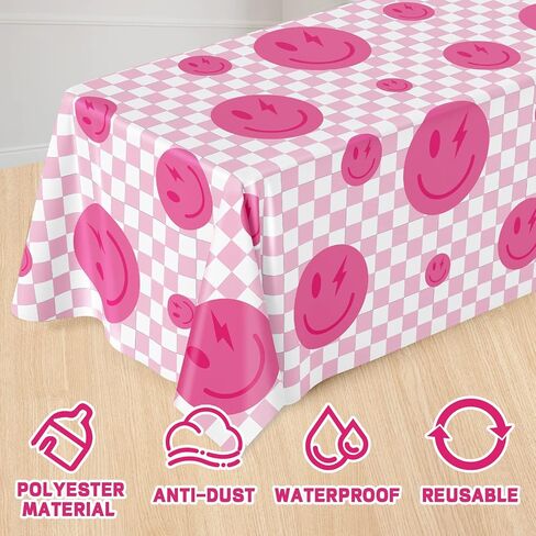 Whaline Preppy Party Tablecloth 104 x 60 Inch Smile Faces Plaids Tablecloth Waterproof Pink White Checked Y2k Rectangle Table Cover for Bachelorette Birthday Preppy Party Favor Picnic Supplies in Saudi Arabia