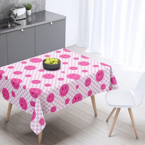 Whaline Preppy Party Tablecloth 104 x 60 Inch Smile Faces Plaids Tablecloth Waterproof Pink White Checked Y2k Rectangle Table Cover for Bachelorette Birthday Preppy Party Favor Picnic Supplies in Saudi Arabia