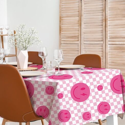 Whaline Preppy Party Tablecloth 104 x 60 Inch Smile Faces Plaids Tablecloth Waterproof Pink White Checked Y2k Rectangle Table Cover for Bachelorette Birthday Preppy Party Favor Picnic Supplies in Saudi Arabia