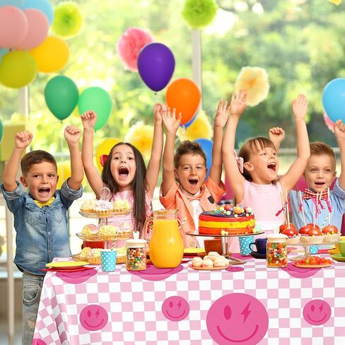 Whaline Preppy Party Tablecloth 104 x 60 Inch Smile Faces Plaids Tablecloth Waterproof Pink White Checked Y2k Rectangle Table Cover for Bachelorette Birthday Preppy Party Favor Picnic Supplies in Saudi Arabia