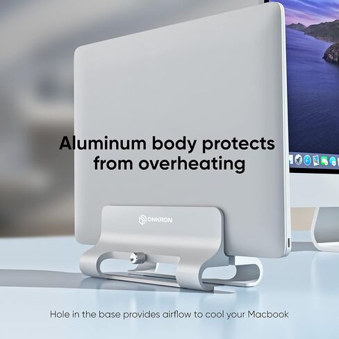 حامل كمبيوتر محمول عمودي من ONKRON للمكتب متوافق مع أجهزة الكمبيوتر المحمول MacBook Pro Air وHP وDell مقاس 10-15.8 بوصة - حامل عمودي MacBook قابل للتعديل - حامل تبريد للكمبيوتر المحمول من الألومنيوم (DN02) فضي in Kuwait