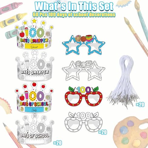 40pcs 100th Day of School Crowns Glasses, 100th Day of School Decorations DIY Paper Glasses Crowns 100th Day of School Party Supplies 100 Day of School Activities Coloring Paper Hats for Kids in Kuwait