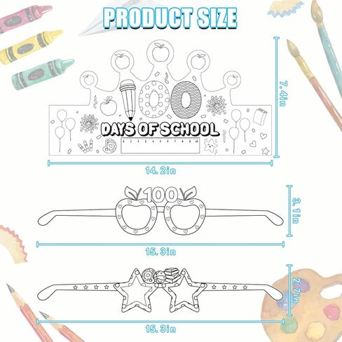 40pcs 100th Day of School Crowns Glasses, 100th Day of School Decorations DIY Paper Glasses Crowns 100th Day of School Party Supplies 100 Day of School Activities Coloring Paper Hats for Kids in Kuwait