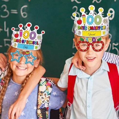 40pcs 100th Day of School Crowns Glasses, 100th Day of School Decorations DIY Paper Glasses Crowns 100th Day of School Party Supplies 100 Day of School Activities Coloring Paper Hats for Kids in Kuwait