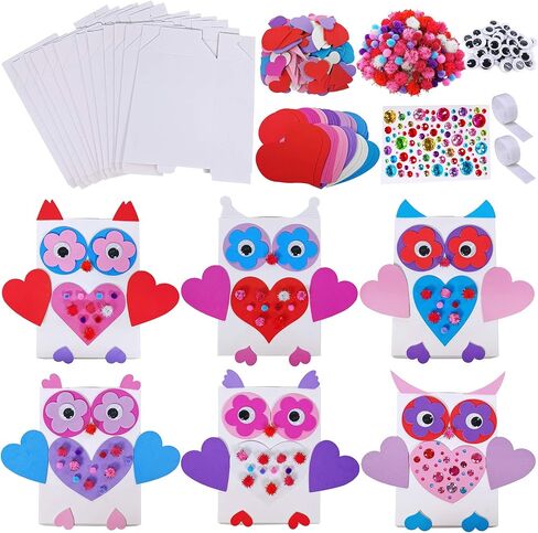 Winlyn 12 Sets Bulk Valentine's Day Boxes DIY Valentine Owl Mailboxes Cards Holder Boxes Craft Kits White Mailbox with Assorted Heart Cutouts Foam Stickers Pom-poms for Kids Classroom Exchange in Saudi Arabia