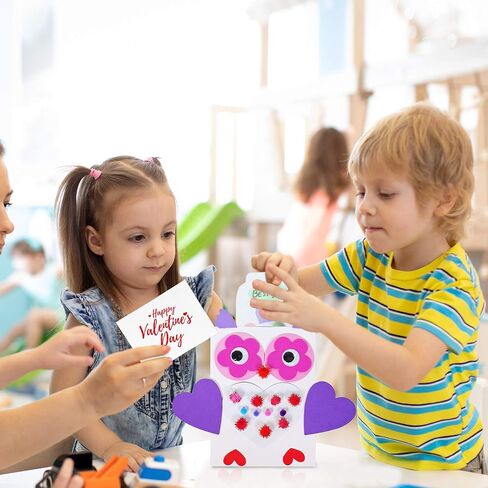Winlyn 12 Sets Bulk Valentine's Day Boxes DIY Valentine Owl Mailboxes Cards Holder Boxes Craft Kits White Mailbox with Assorted Heart Cutouts Foam Stickers Pom-poms for Kids Classroom Exchange in Saudi Arabia