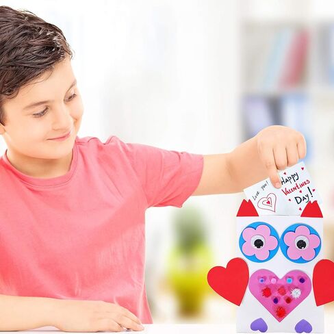 Winlyn 12 Sets Bulk Valentine's Day Boxes DIY Valentine Owl Mailboxes Cards Holder Boxes Craft Kits White Mailbox with Assorted Heart Cutouts Foam Stickers Pom-poms for Kids Classroom Exchange in Saudi Arabia