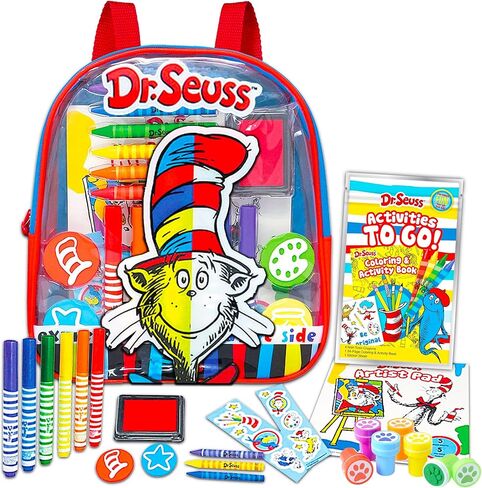 مجموعة دكتور سوس الفنية للأطفال الصغار من عمر 2 إلى 4 سنوات - مجموعة الفنون والحرف الفاخرة للأطفال الصغار مع حقيبة سفر وأختام وملصقات ووسادة فنان والمزيد in Kuwait