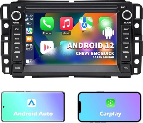 ستيريو راديو السيارة Android 12 لسيارة GMC Sierra Yukon، شيفروليه بويك تشيفي سيلفرادو، Carplay اللاسلكي وAndroid Auto 2G+64G بلوتوث/التحكم الصوتي/GPS/WiFi/SWC/FM، وحدة رأس شاشة تعمل باللمس IPS مقاس 7 بوصة in Kuwait