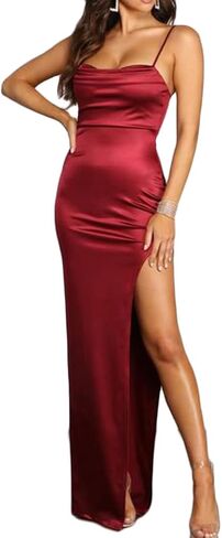 Women Satin Evening Night Out Maxi Dress Sleeveless Spaghetti Cowl Neck Ruched Bodycon High Slit Formal Dresses in Saudi Arabia