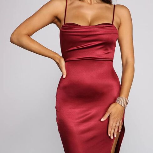 Women Satin Evening Night Out Maxi Dress Sleeveless Spaghetti Cowl Neck Ruched Bodycon High Slit Formal Dresses in Saudi Arabia