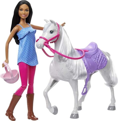 Barbie Doll and Horse, Bendable Brunette Doll with Riding Outfit and Boots, White Horse with Saddle, Bridle and Reins in Saudi Arabia